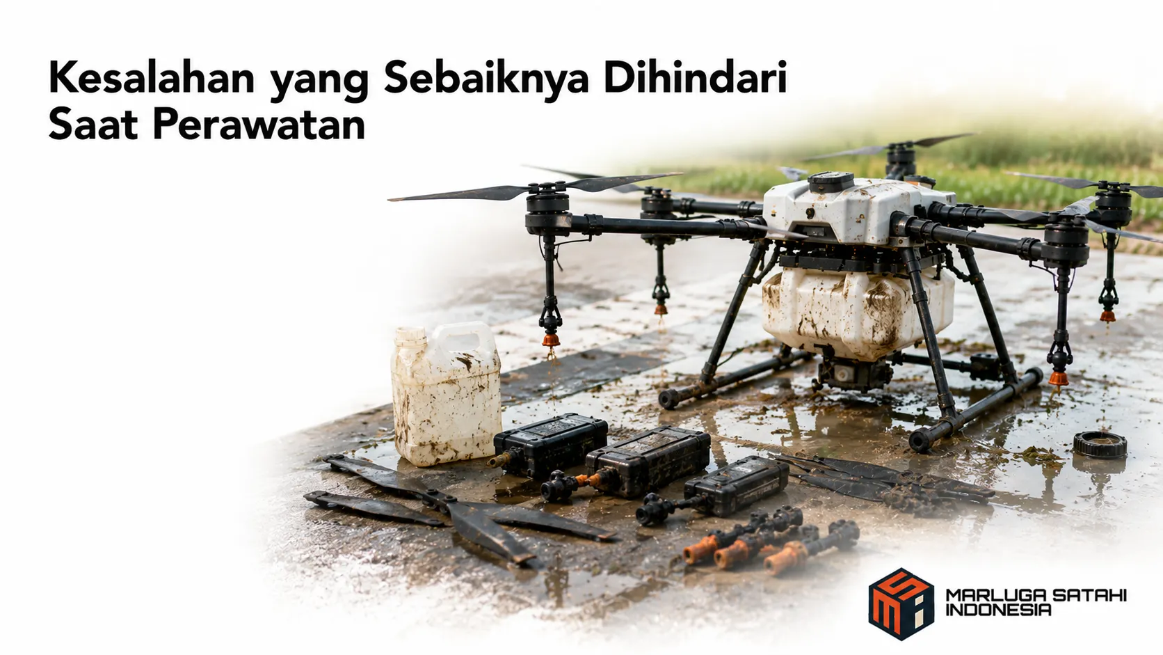 Drone sprayer dan komponen pendukung berada di area perawatan sebagai ilustrasi pentingnya menghindari kesalahan saat melakukan perawatan rutin.