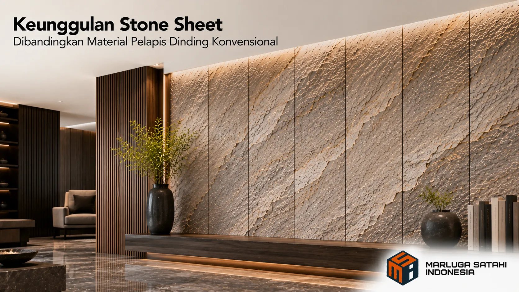 Stone sheet dinding dengan motif batu alam sebagai material pelapis interior yang memberikan tampilan elegan dan modern.