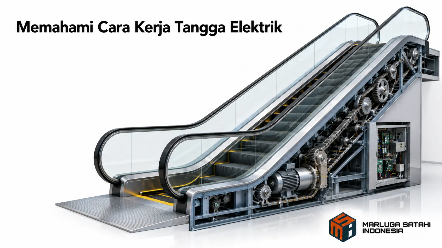 Ilustrasi mekanisme kerja tangga elektrik dengan komponen penggerak pada sistem transportasi vertikal modern.