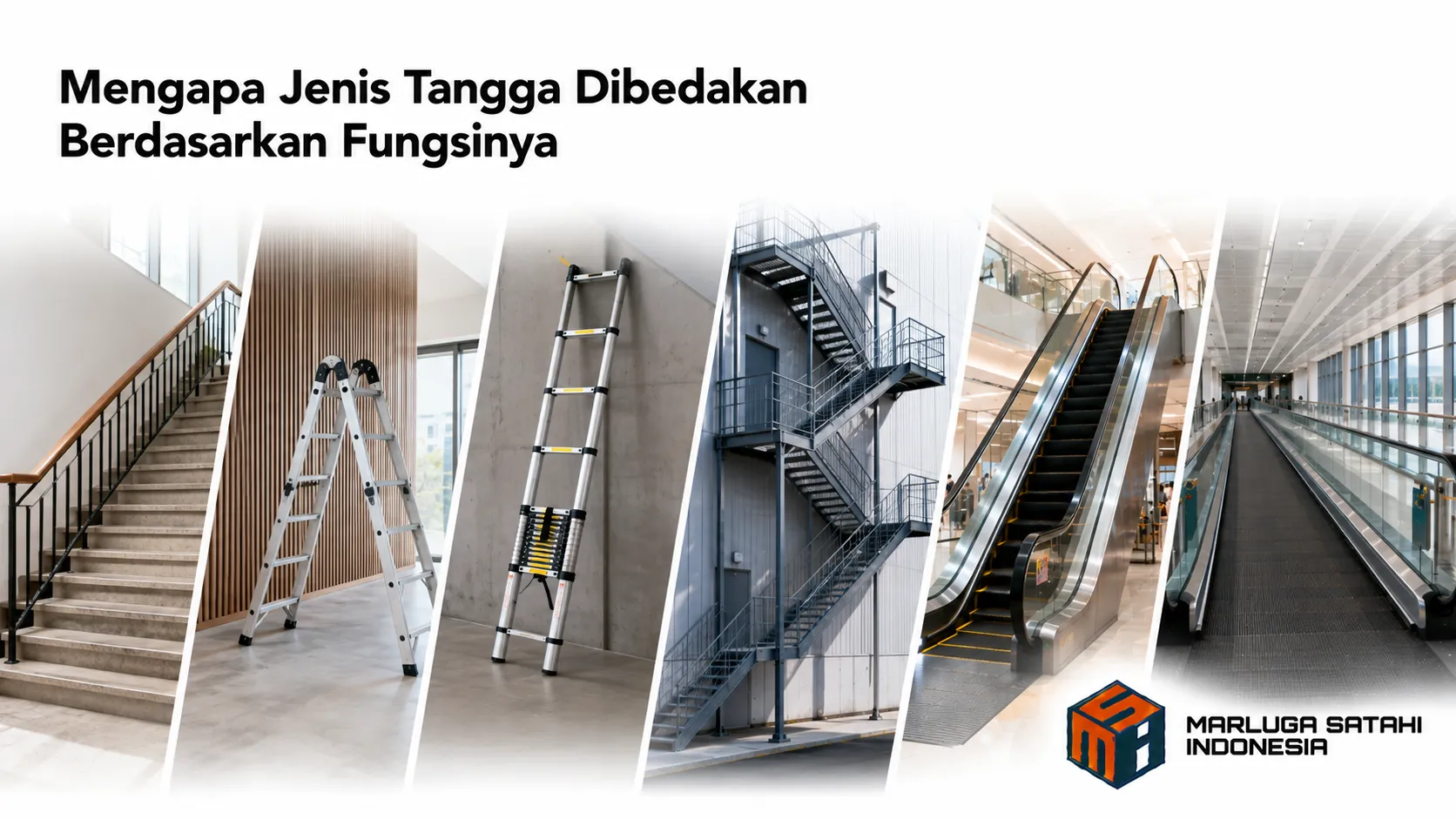 Ilustrasi berbagai jenis tangga berdasarkan fungsi penggunaan pada bangunan dan fasilitas modern.