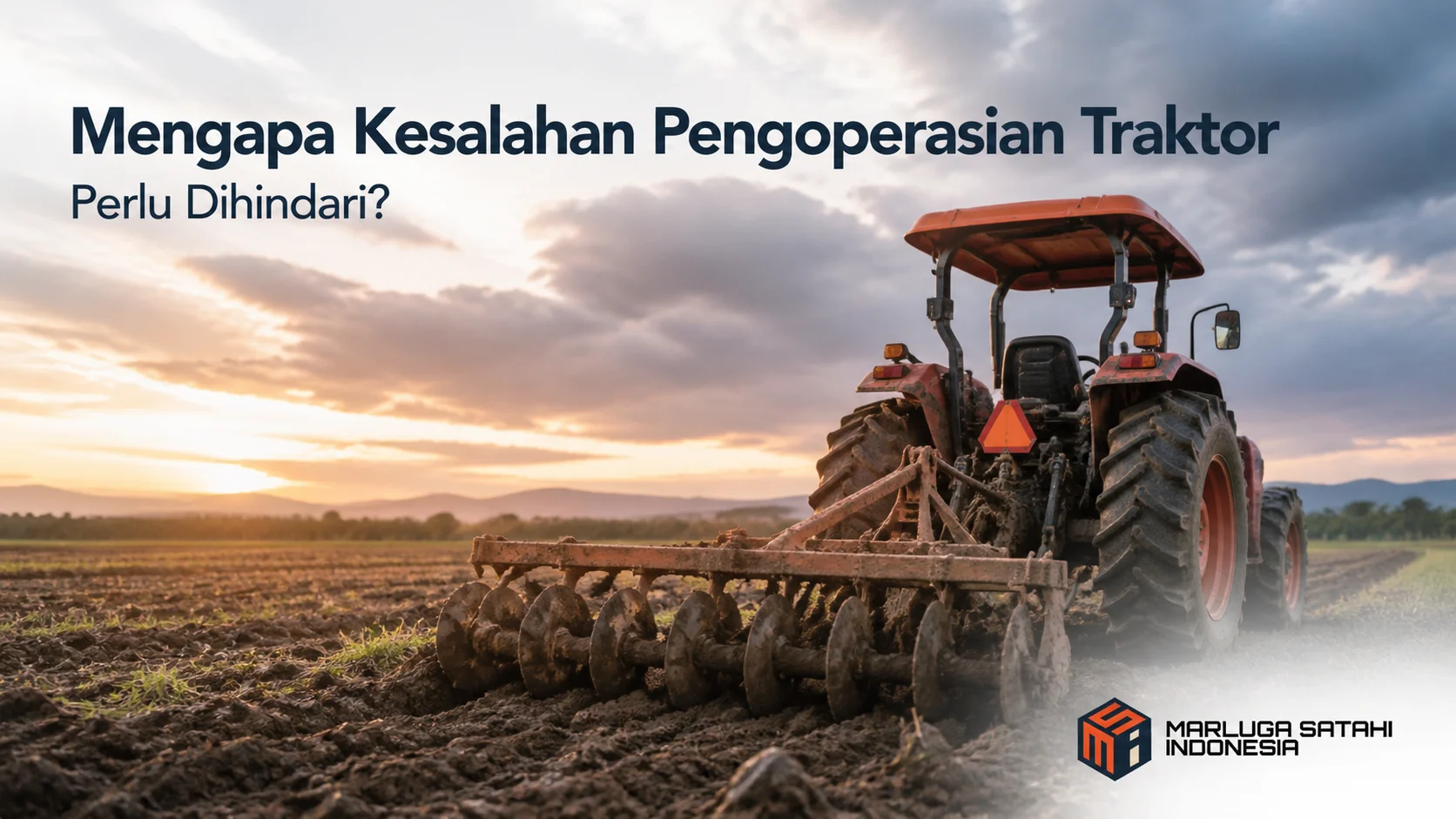 Traktor roda 4 bekerja di lahan pertanian dengan kondisi implement berat yang menunjukkan pentingnya pengoperasian sesuai kapasitas mesin.