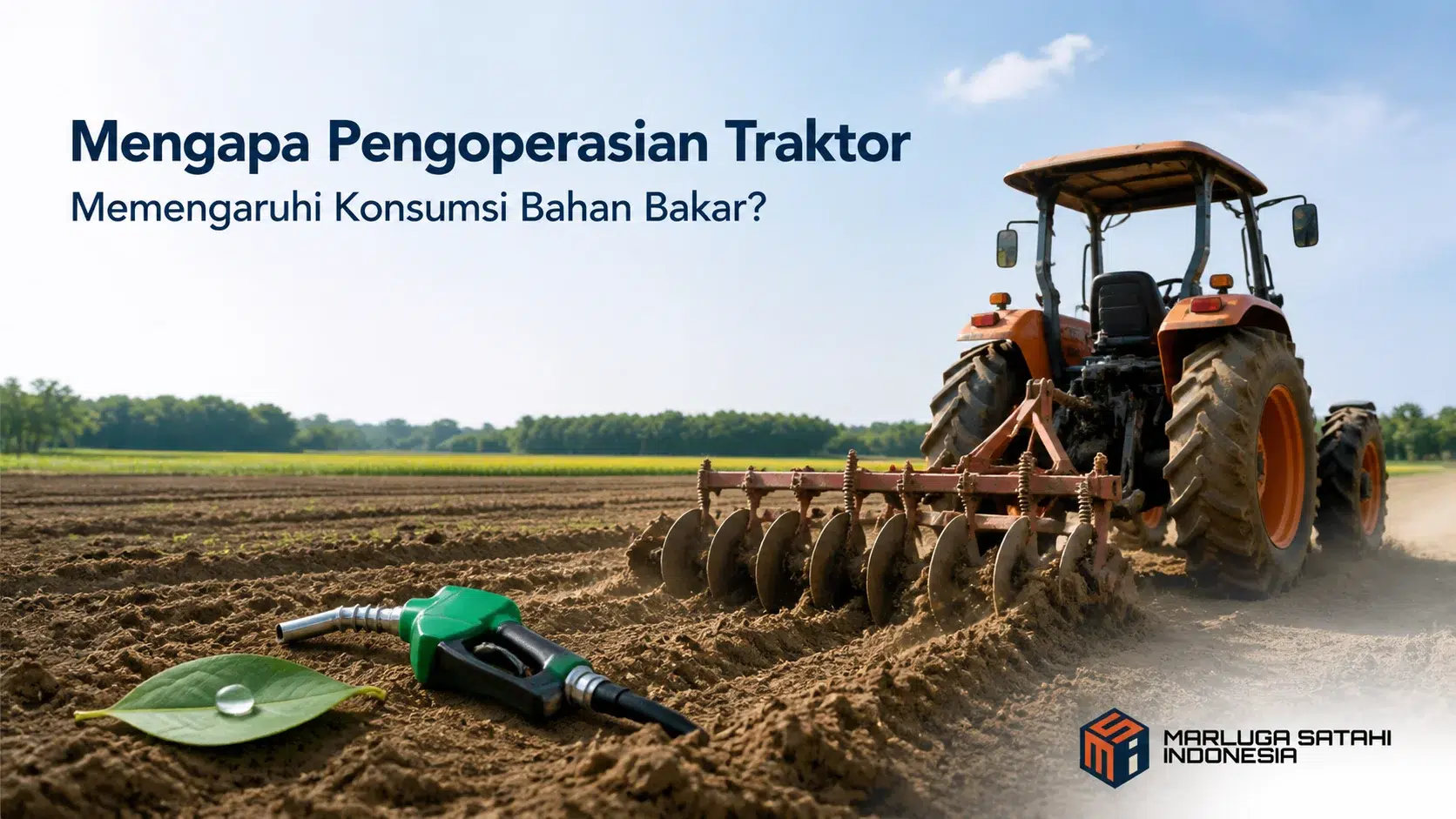 Traktor roda 4 bekerja menarik implement di lahan pertanian untuk menggambarkan pengaruh pengoperasian terhadap konsumsi bahan bakar.