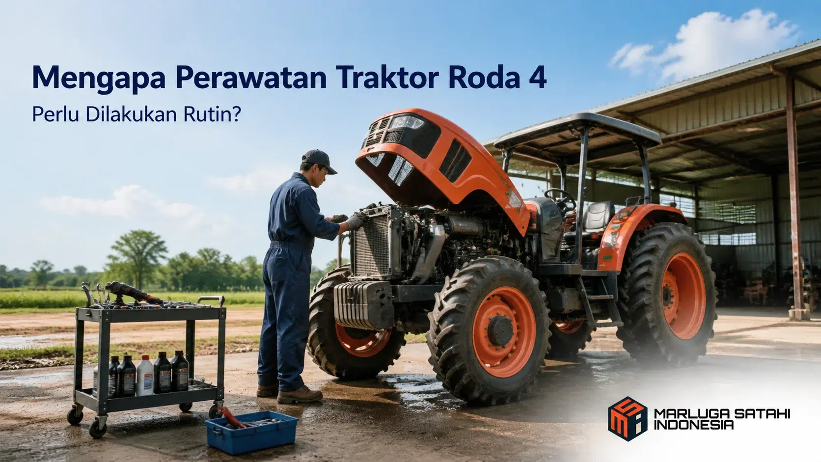 Traktor roda 4 menjalani pemeriksaan dan perawatan mesin di area servis untuk menjaga performa serta mencegah kerusakan komponen.