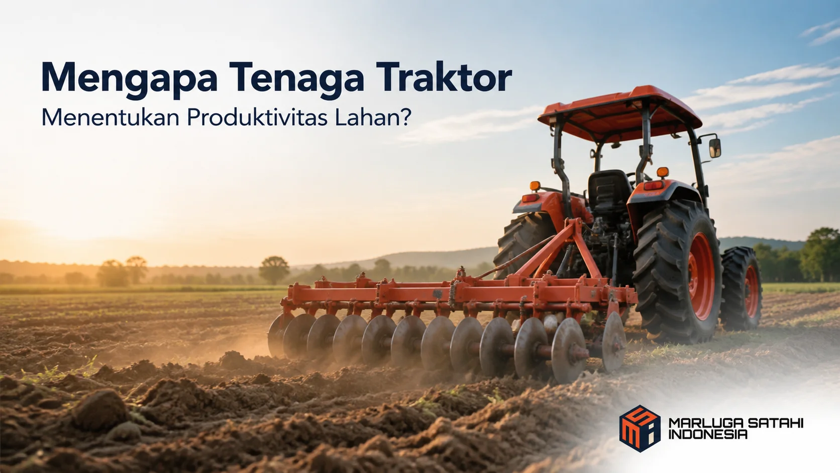 Traktor roda 4 dengan implement bajak bekerja di lahan pertanian untuk menunjukkan pengaruh tenaga mesin terhadap produktivitas pengolahan lahan.