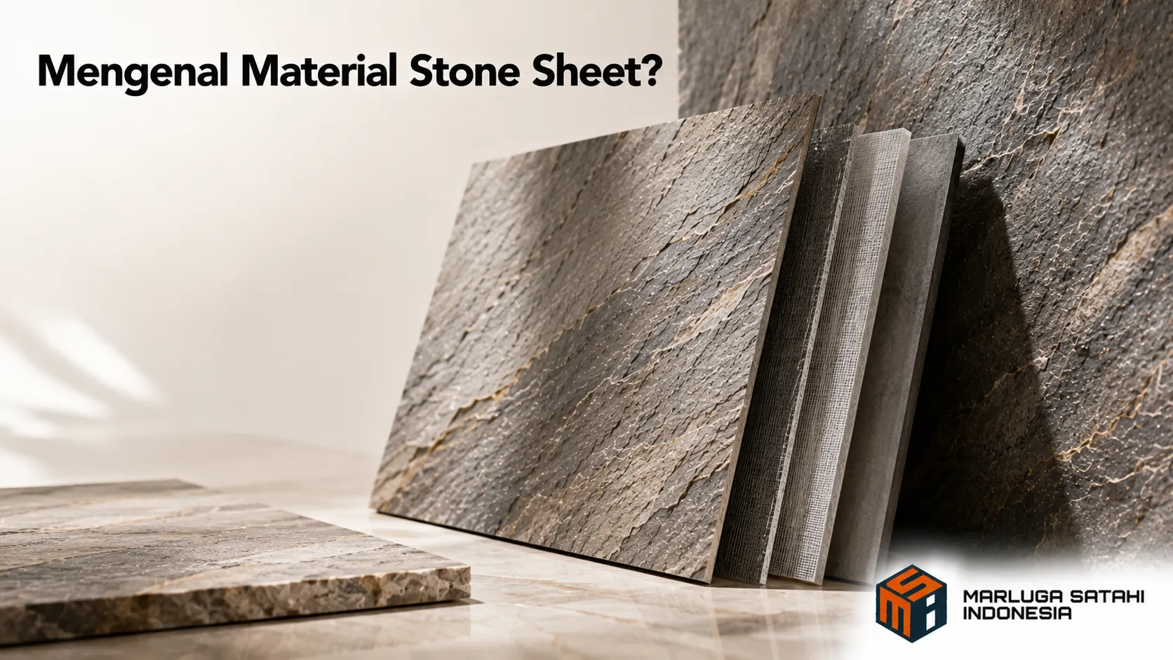 Material stone sheet dengan tekstur menyerupai batu alam sebagai pelapis dinding interior yang ringan dan modern.