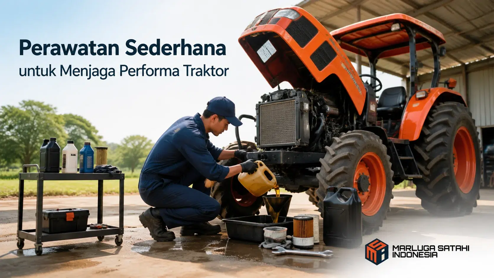 Proses perawatan sederhana traktor roda 4 dengan pemeriksaan mesin, penggantian oli, dan pengecekan komponen pendukung.