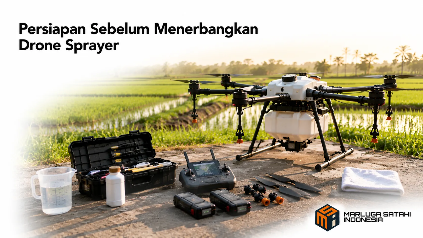 Drone sprayer dan perlengkapan operasional disiapkan di area pertanian sebelum proses penyemprotan untuk memastikan kinerja yang optimal.