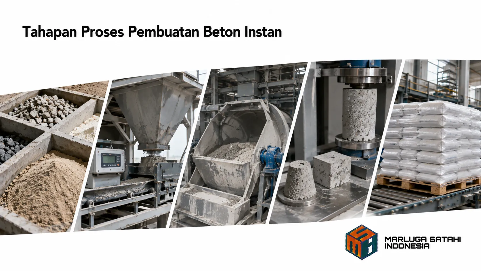 Proses pembuatan beton instan mulai dari pemilihan bahan baku, pencampuran, hingga pengujian kualitas di fasilitas produksi.