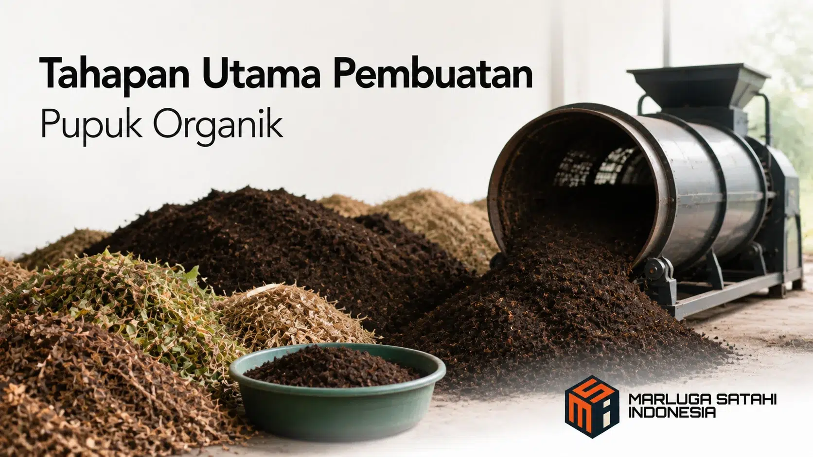 Tahapan Utama Pembuatan Pupuk Organik menggunakan mesin pengolahan kompos dan bahan organik dalam proses produksi.