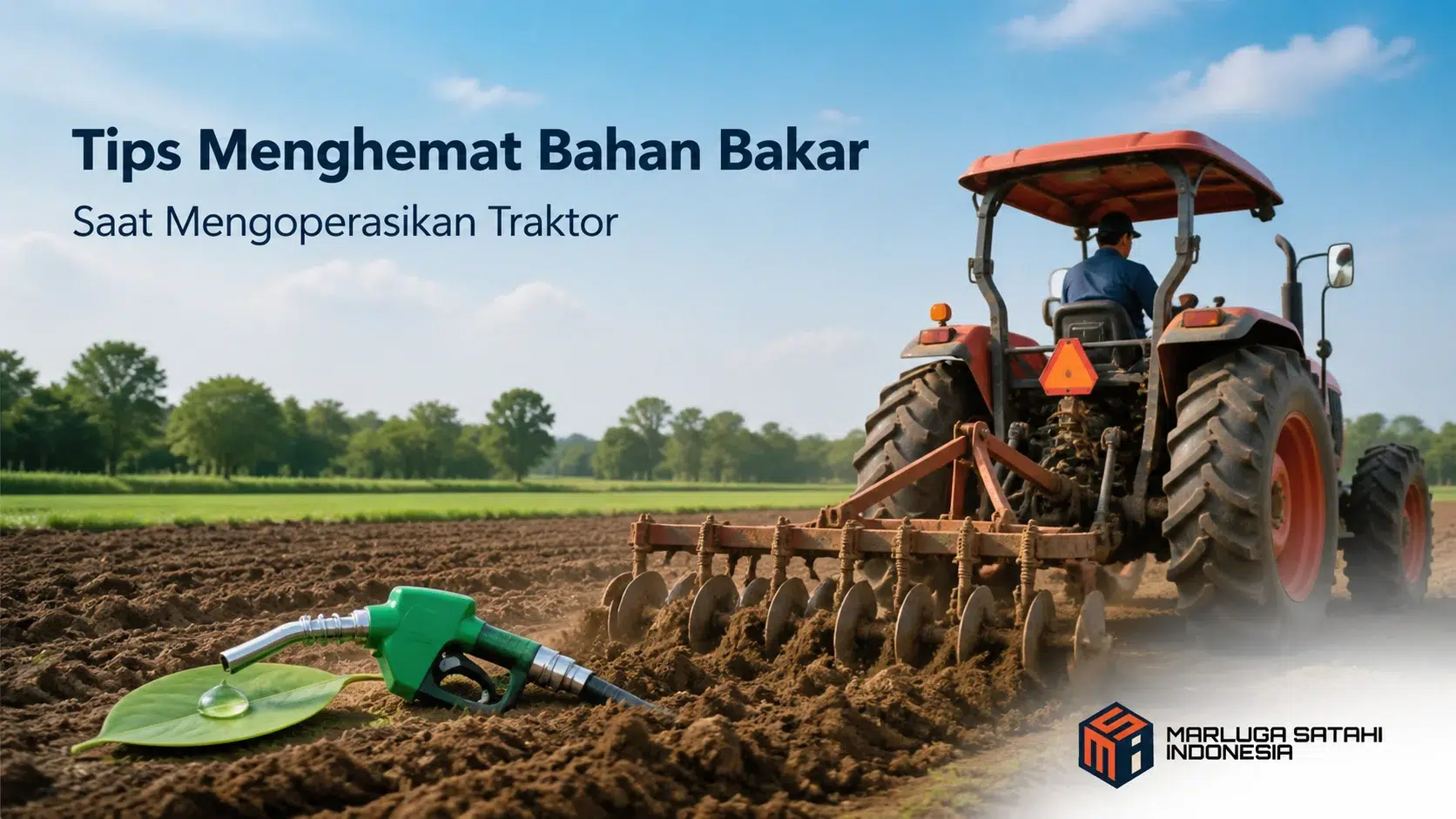 Traktor roda 4 mengolah lahan menggunakan implement dengan konsep pengoperasian efisien untuk menghemat bahan bakar.