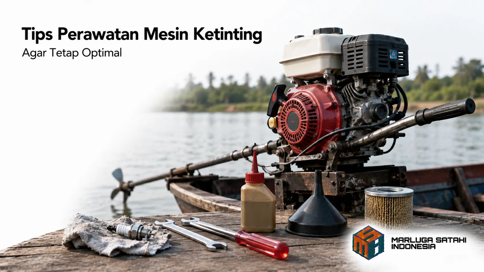 Mesin ketinting dengan perlengkapan perawatan untuk menjaga performa mesin tetap optimal dalam mendukung aktivitas operasional di perairan.