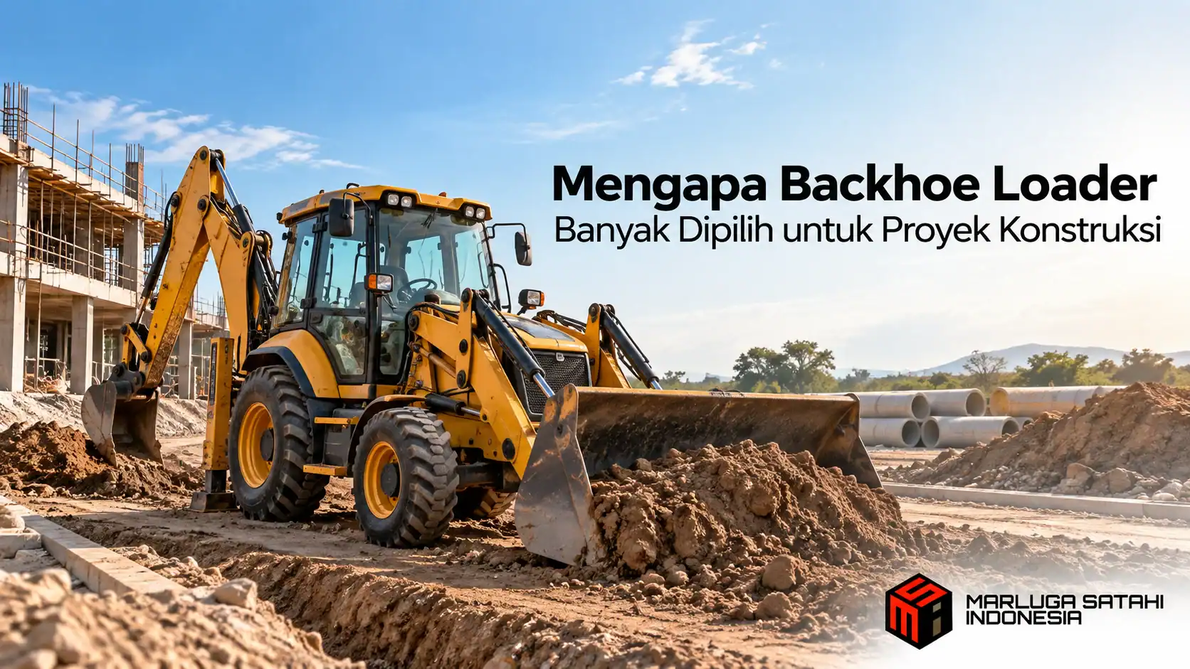 Backhoe loader multifungsi di area proyek konstruksi untuk pekerjaan menggali, memuat, dan memindahkan material.