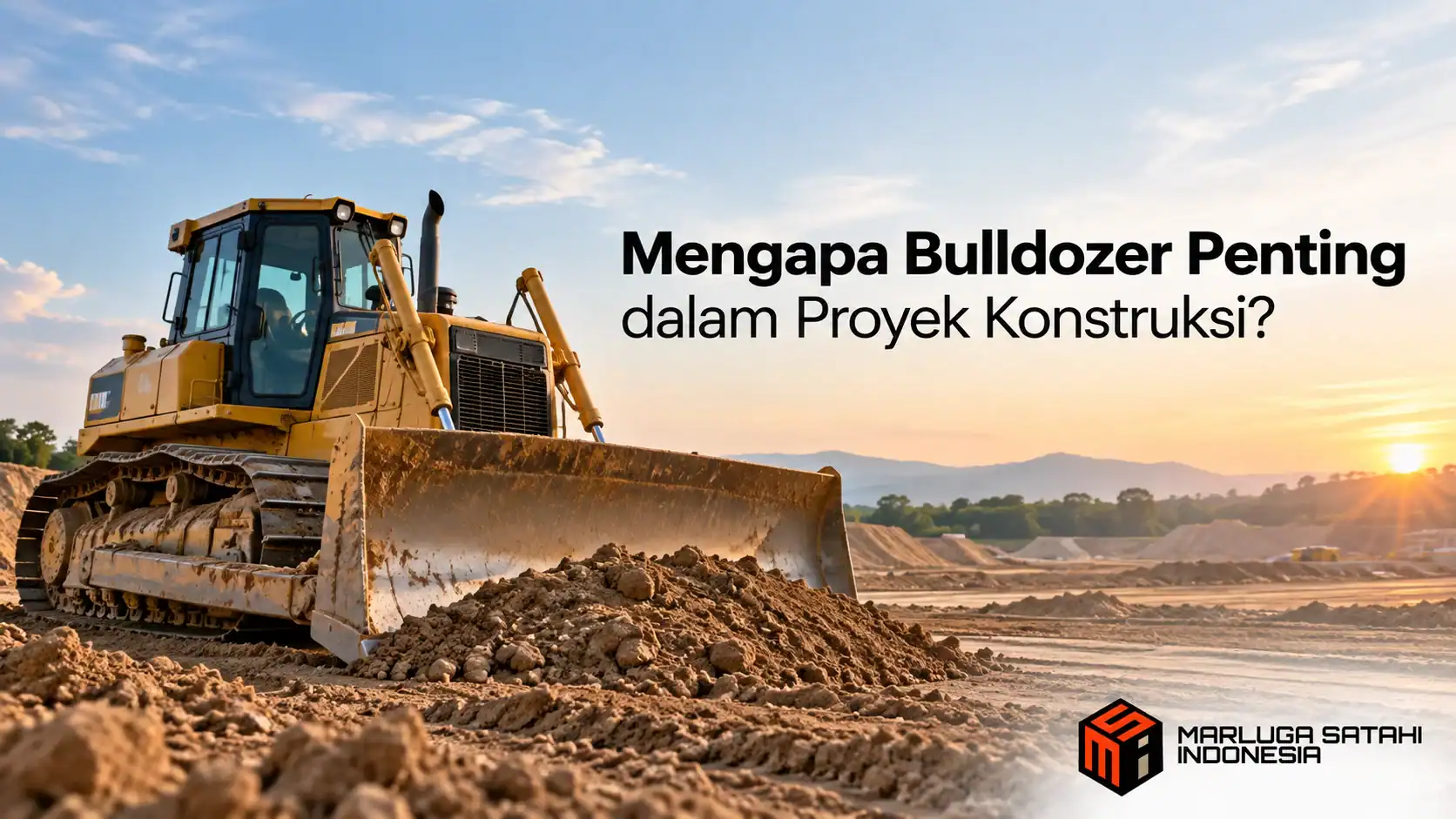 Bulldozer beroda rantai mendorong material tanah di area proyek konstruksi untuk menunjukkan fungsi dan kegunaannya.