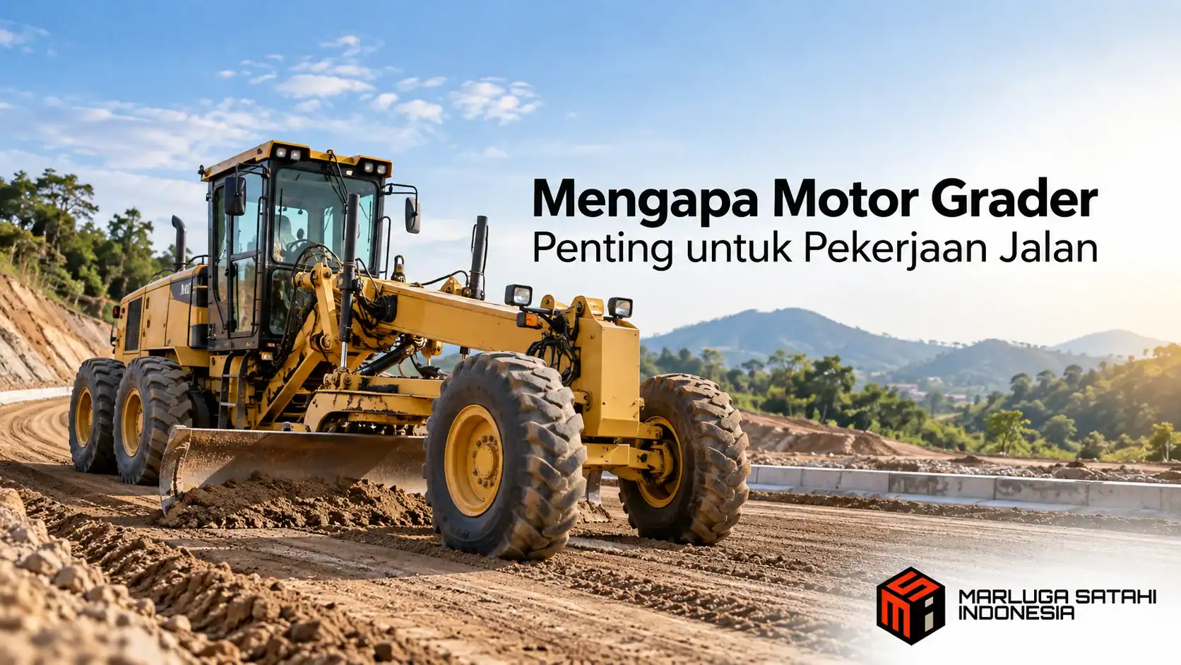 Motor grader untuk pekerjaan jalan dengan judul “Mengapa Motor Grader Penting untuk Pekerjaan Jalan” dan logo Marluga Satahi Indonesia.