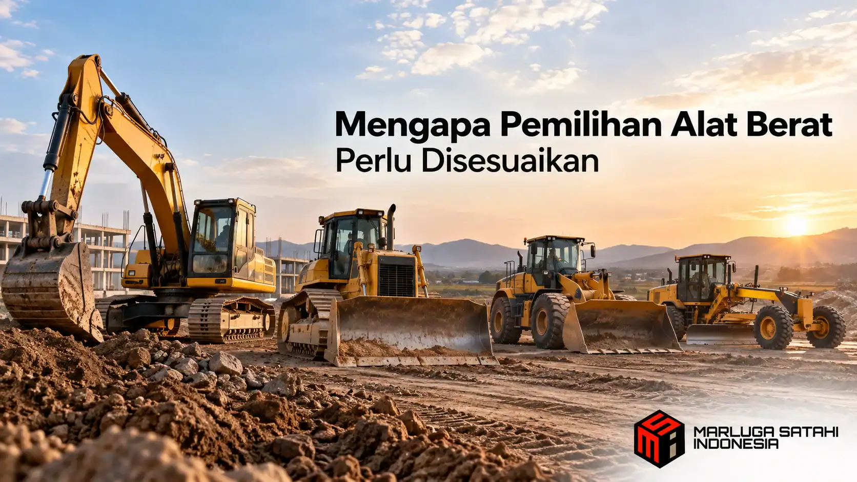 Banner realistis alat berat konstruksi berupa excavator, bulldozer, wheel loader, dan motor grader dengan judul “Mengapa Pemilihan Alat Berat Perlu Disesuaikan” serta logo Marluga Satahi Indonesia.