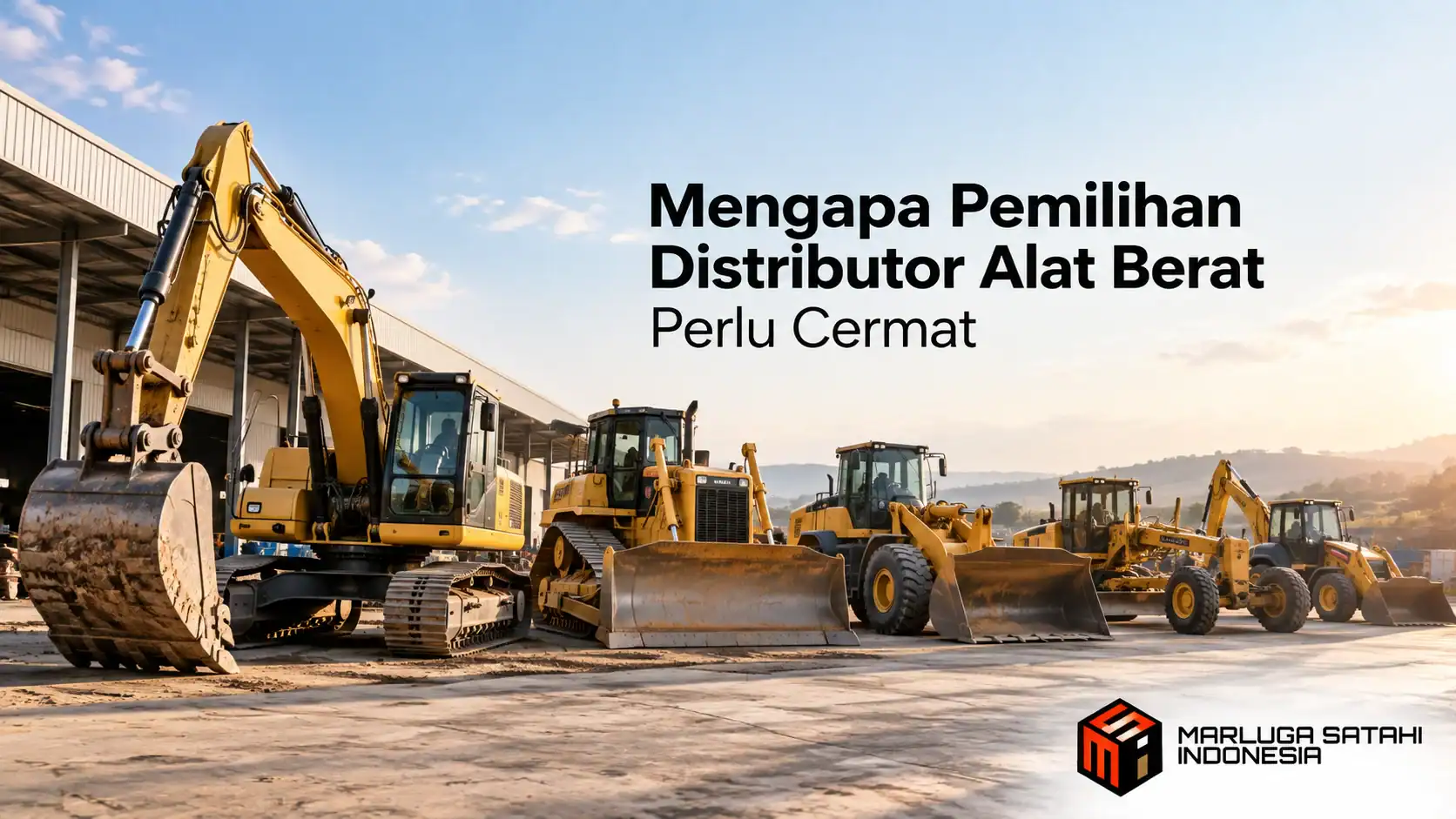 Banner realistis alat berat konstruksi dengan excavator, bulldozer, wheel loader, motor grader, dan backhoe loader untuk menggambarkan pemilihan distributor alat berat yang cermat.
