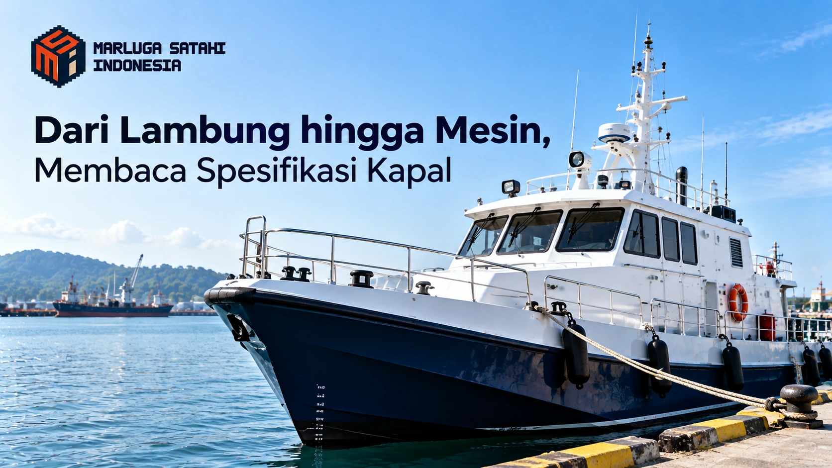 Feature image kapal operasional di pelabuhan dengan judul “Dari Lambung hingga Mesin, Membaca Spesifikasi Kapal” dari Marluga Satahi Indonesia, menggambarkan komponen kapal yang perlu diperhatikan dalam pengadaan kapal.