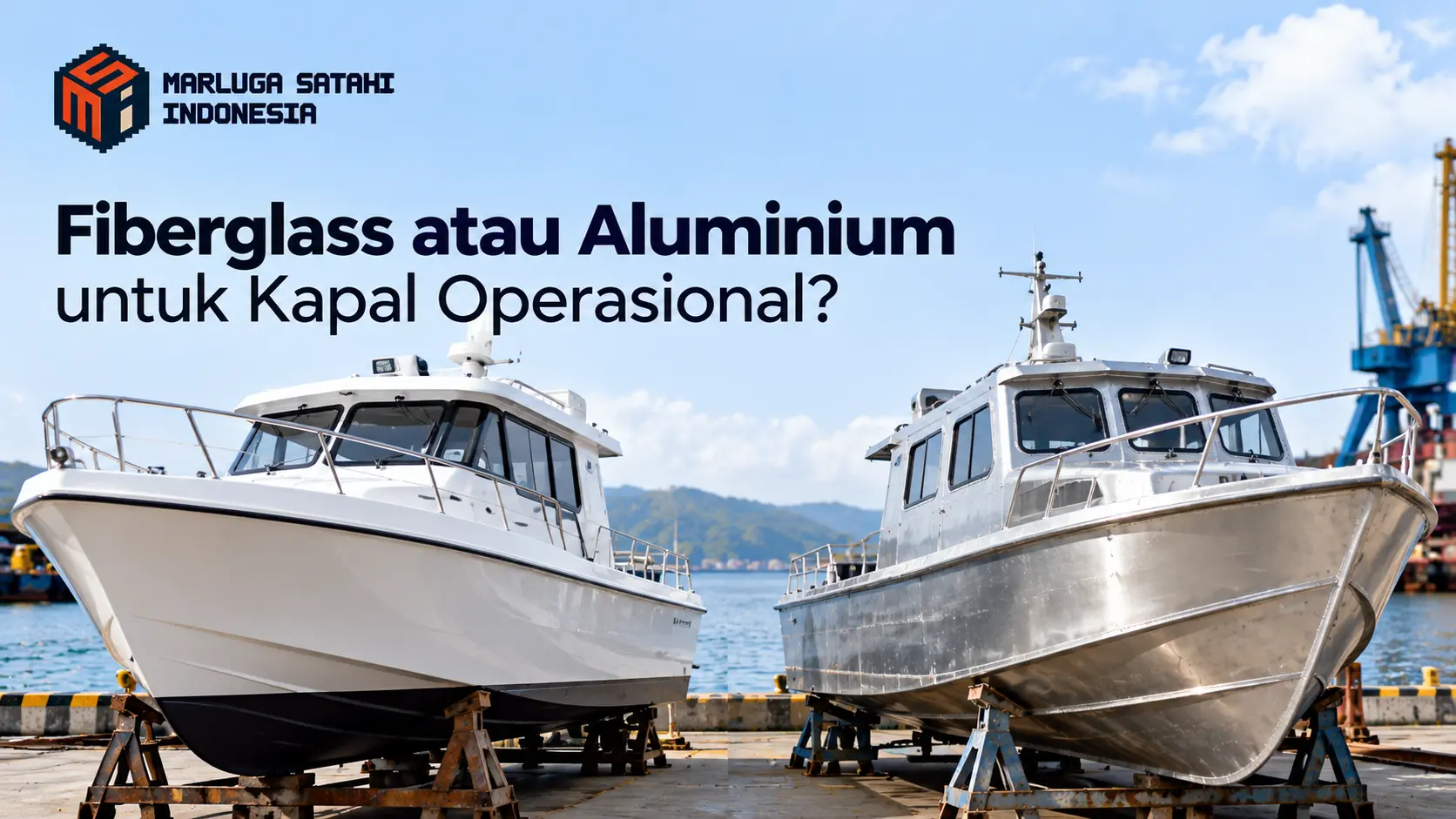 Banner perbandingan kapal operasional berbahan fiberglass dan aluminium di area galangan kapal dengan judul “Fiberglass atau Aluminium untuk Kapal Operasional?” dari Marluga Satahi Indonesia.