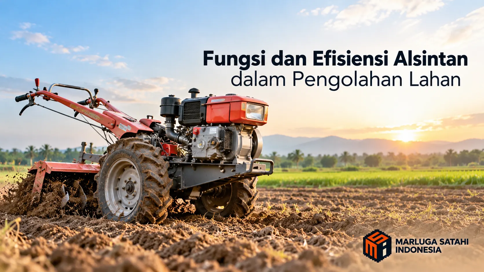 Mesin alsintan traktor roda dua untuk pengolahan lahan pertanian yang membajak tanah secara efisien di area persawahan, dengan latar belakang hamparan lahan hijau dan logo Marluga Satahi Indonesia.