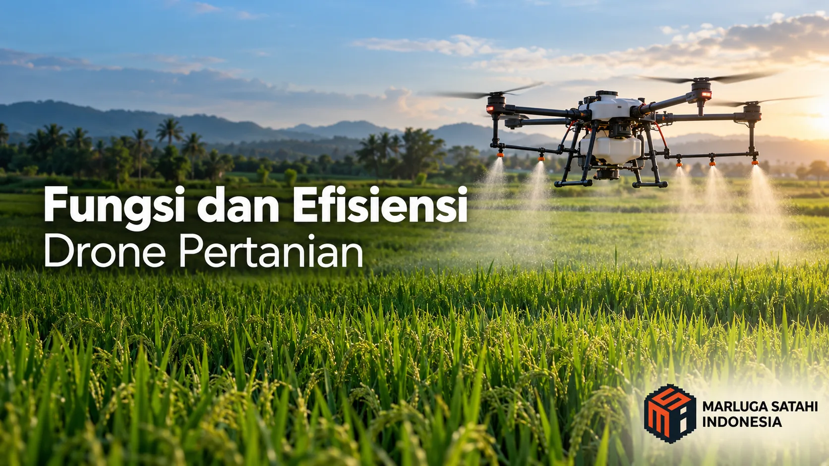 Drone pertanian menyemprotkan cairan ke area persawahan untuk meningkatkan fungsi dan efisiensi pekerjaan pertanian, dengan latar alam saat matahari terbenam.