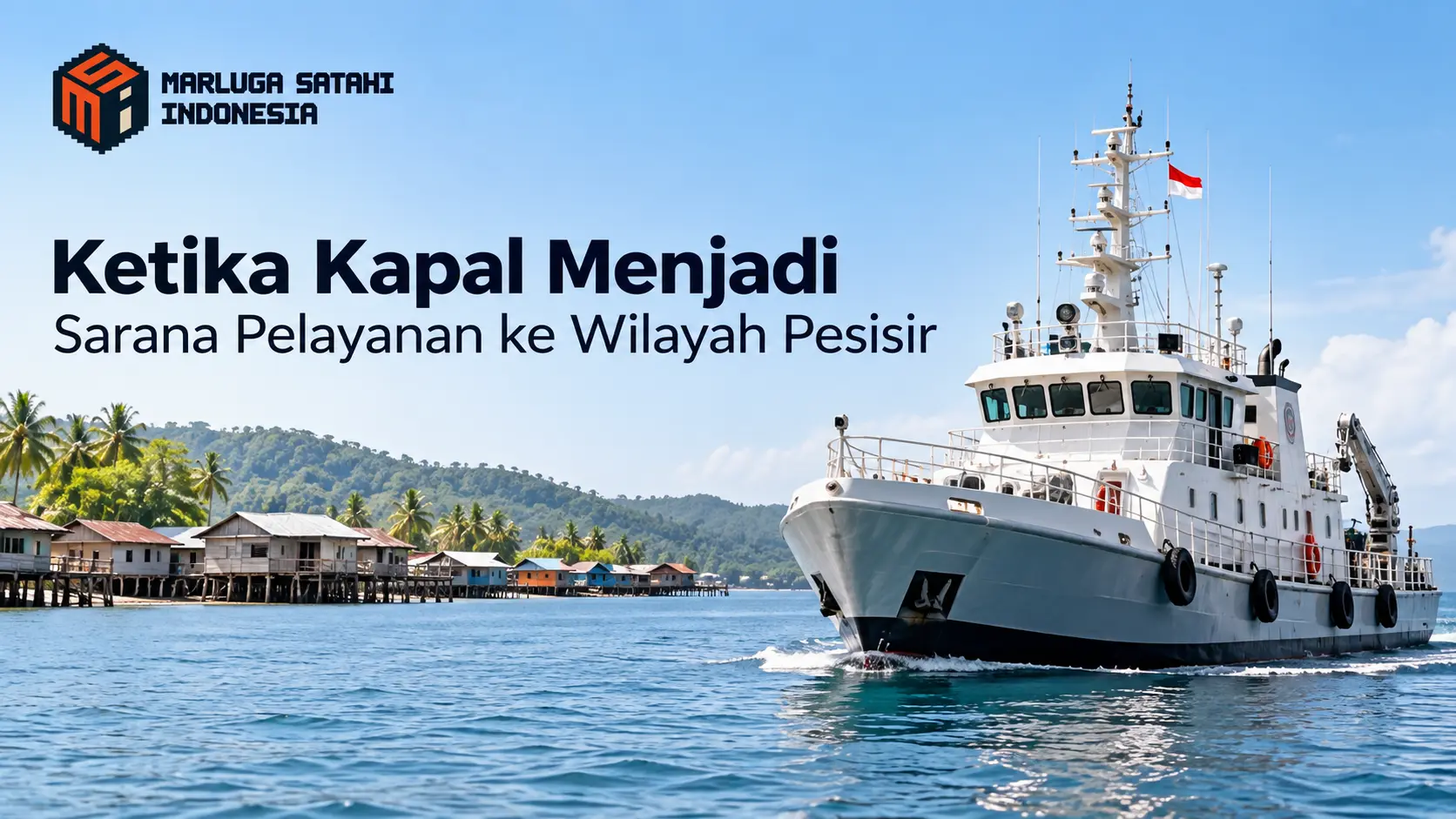 Banner kapal pelayanan pemerintah yang berlayar menuju wilayah pesisir dengan latar permukiman tepi laut, berjudul “Ketika Kapal Menjadi Sarana Pelayanan ke Wilayah Pesisir” dari Marluga Satahi Indonesia.