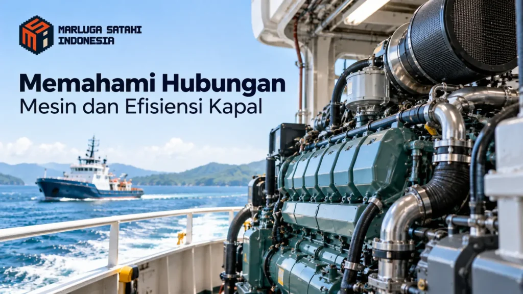 Feature image mesin diesel kapal dengan latar belakang kapal di laut dan judul “Memahami Hubungan Mesin dan Efisiensi Kapal” dari Marluga Satahi Indonesia.