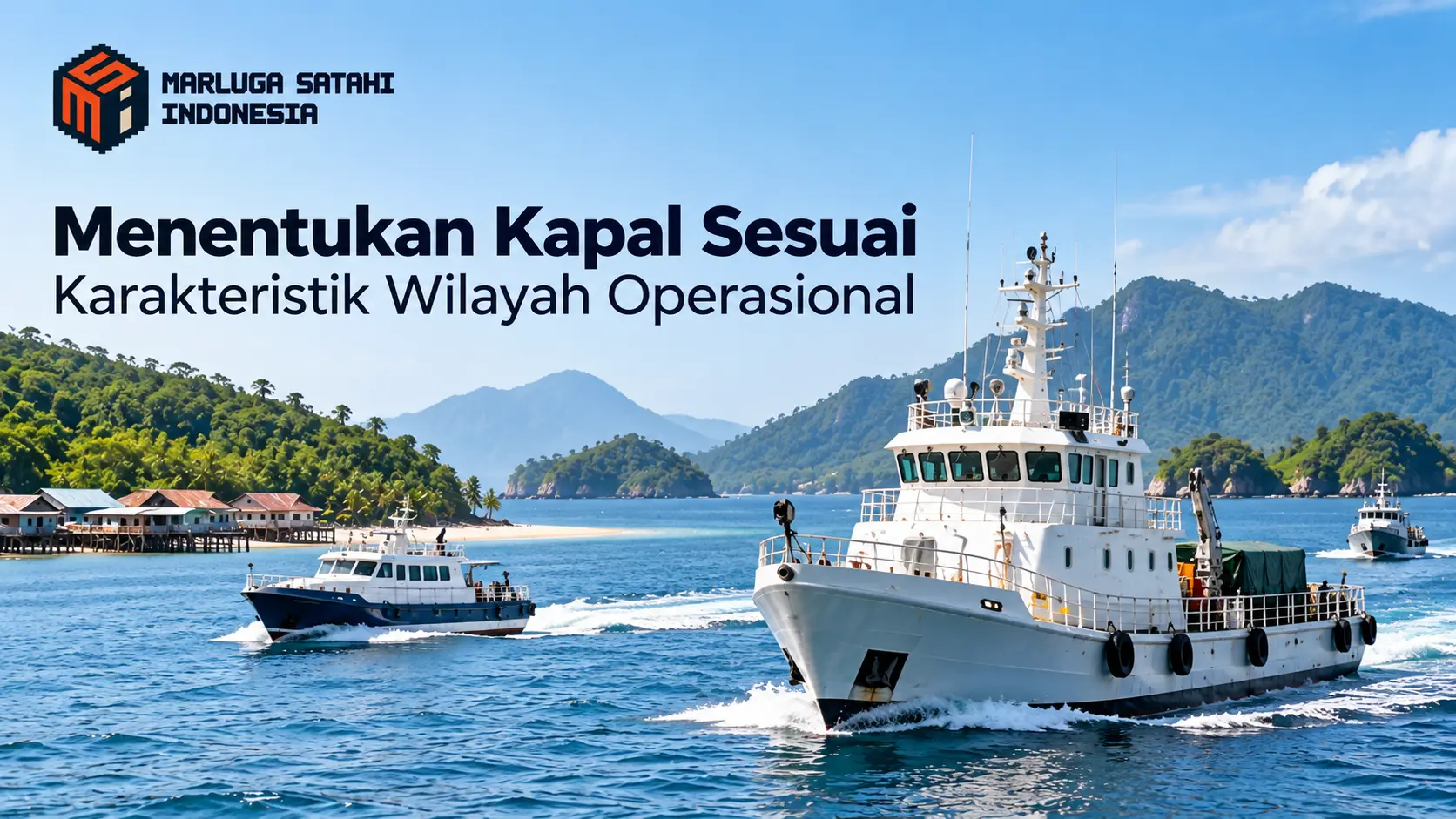 Banner kapal operasional di perairan pesisir dengan latar pulau hijau dan laut biru, berjudul “Menentukan Kapal Sesuai Karakteristik Wilayah Operasional” dari Marluga Satahi Indonesia.
