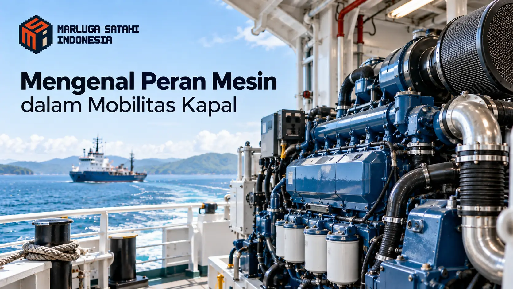 Feature image Marluga Satahi Indonesia bertema “Mengenal Peran Mesin dalam Mobilitas Kapal”, menampilkan mesin diesel kapal berwarna biru dengan latar laut dan kapal yang berlayar.