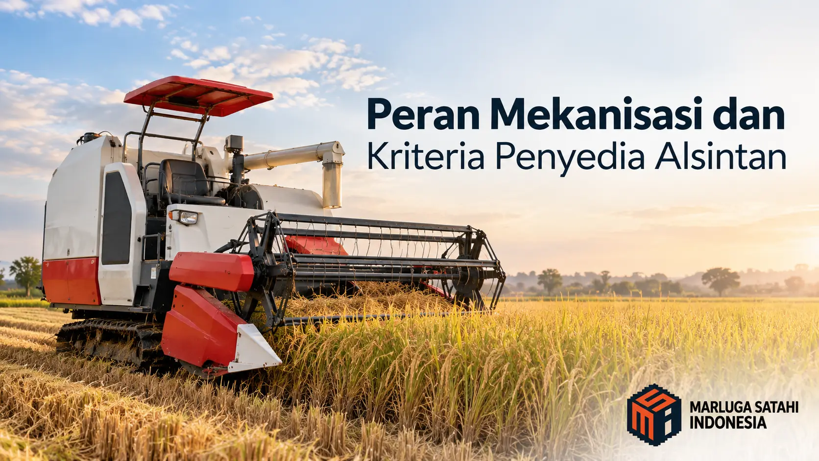 Banner Peran Mekanisasi dan Kriteria Penyedia Alsintan dengan gambar mesin pemanen padi modern di area persawahan serta logo Marluga Satahi Indonesia.