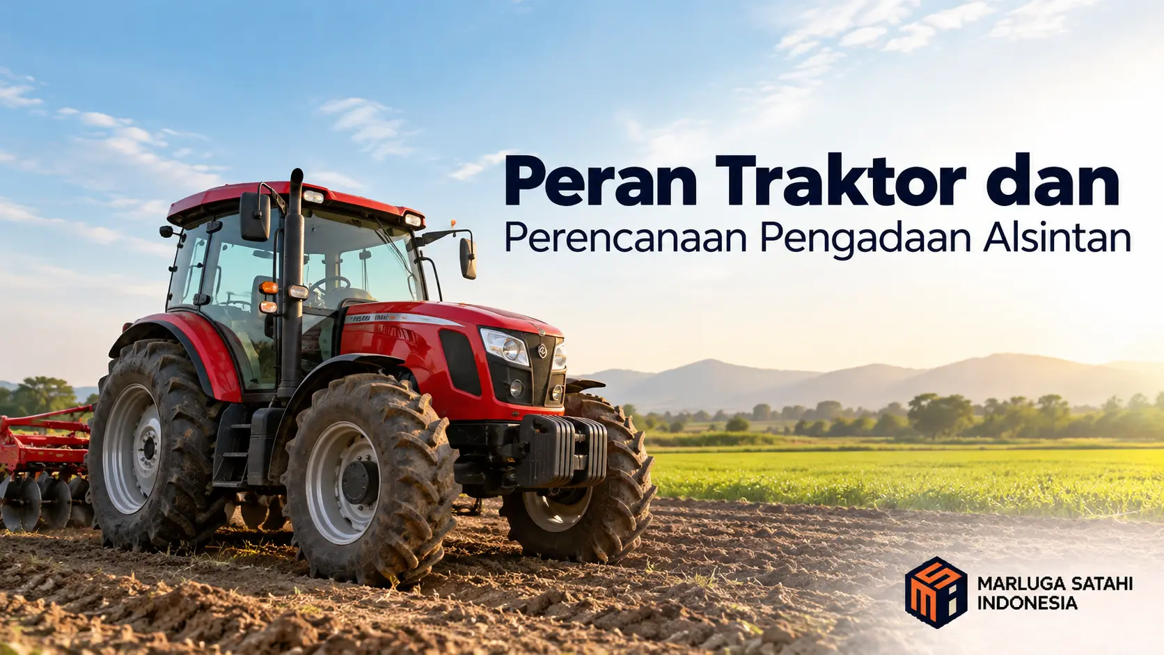 Banner peran traktor dalam perencanaan pengadaan alsintan dengan latar belakang lahan pertanian dan logo Marluga Satahi Indonesia.